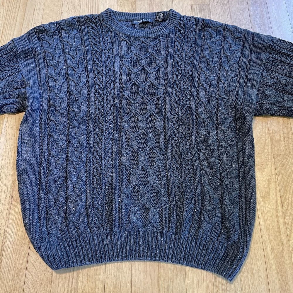 Vintage Structure Knit Textured Coogi-Like Short Acrylic Sweater Black XL